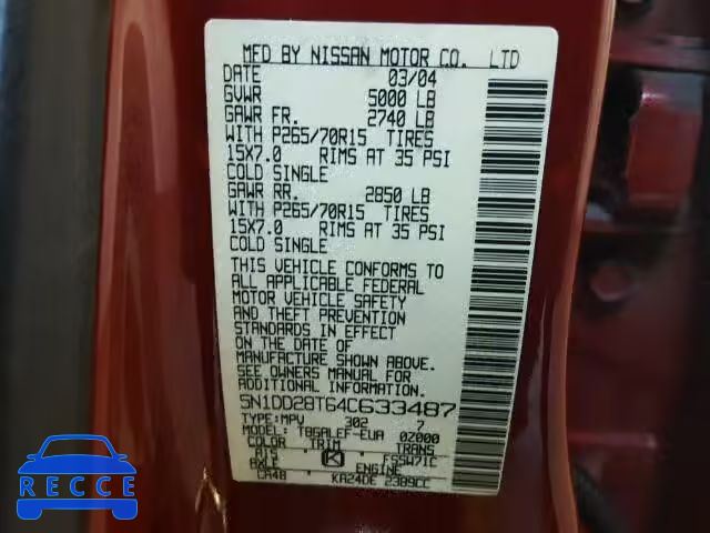2004 NISSAN XTERRA XE 5N1DD28T64C633487 image 9