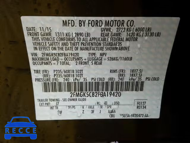 2015 FORD FLEX SEL 2FMGK5C82FBA19420 image 9