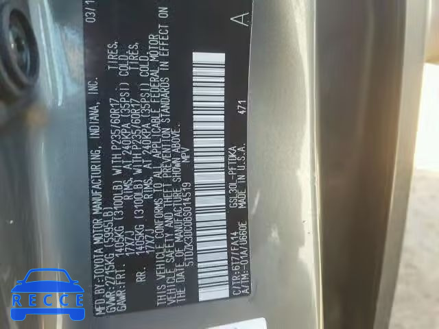 2011 TOYOTA SIENNA 5TDZK3DC0BS014519 image 9