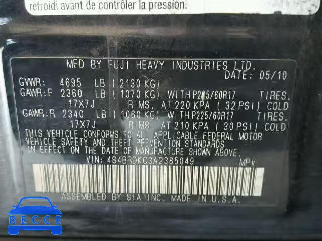 2010 SUBARU OUTBACK 3. 4S4BRDKC3A2385049 image 9