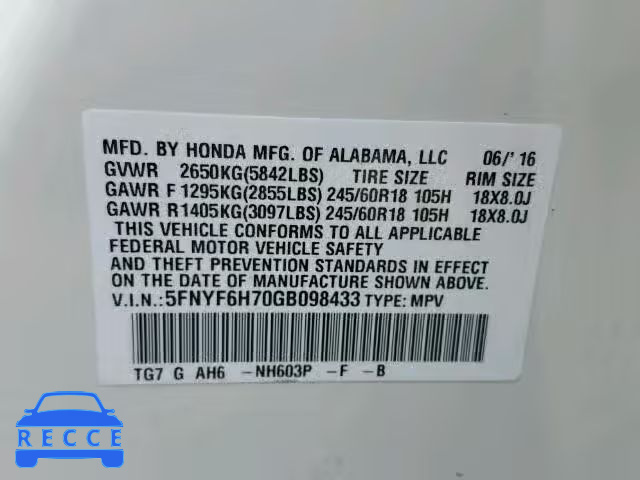 2016 HONDA PILOT EXLN 5FNYF6H70GB098433 image 9