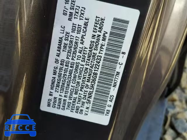 2016 HONDA ODYSSEY SE 5FNRL5H36GB122433 image 9