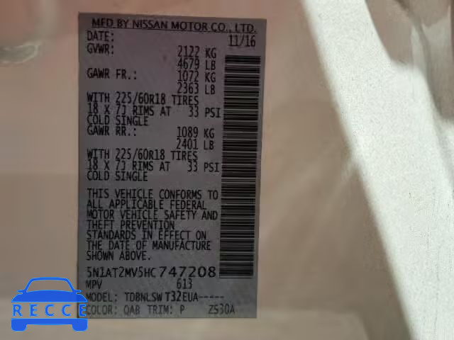 2017 NISSAN ROGUE SV 5N1AT2MV5HC747208 image 9