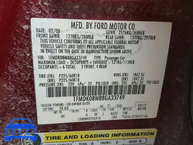 2008 FORD TAURUS X E 1FMDK08W88GA33749 image 9