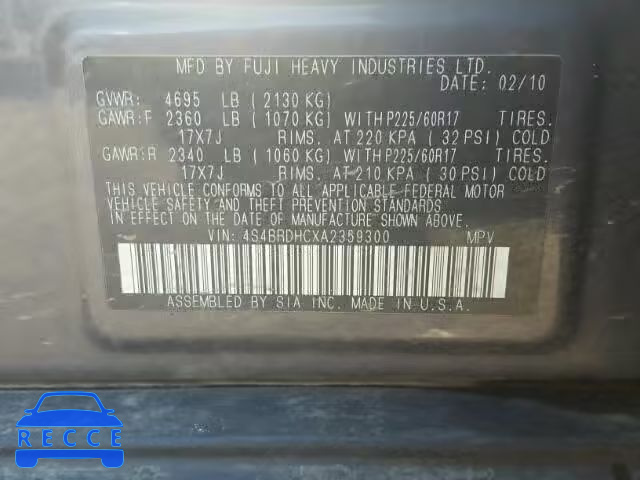 2010 SUBARU OUTBACK 3. 4S4BRDHCXA2359300 image 9