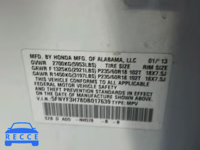 2013 HONDA PILOT EXLN 5FNYF3H78DB017639 image 9