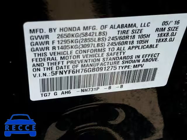 2016 HONDA PILOT EXLN 5FNYF6H76GB091275 зображення 9