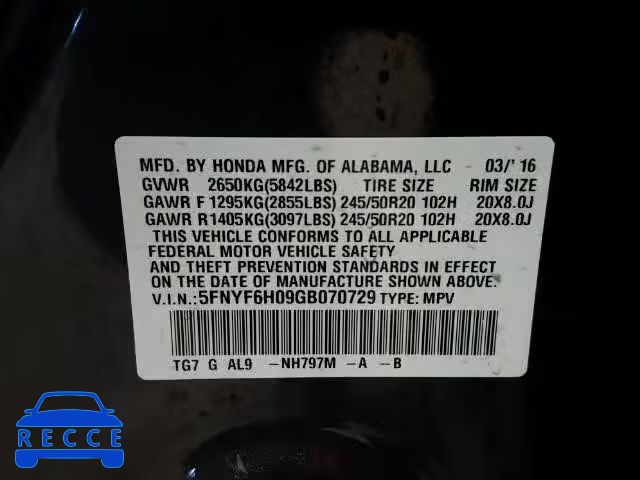 2016 HONDA PILOT ELIT 5FNYF6H09GB070729 image 9