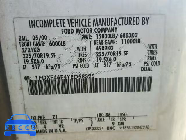 2000 FORD F450 SUPER 1FDXF46F4YED58325 image 9