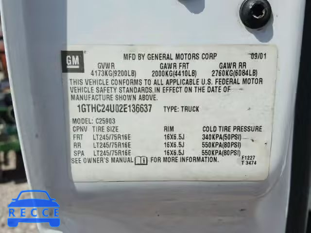 2002 GMC SIERRA C25 1GTHC24U02E136637 image 9