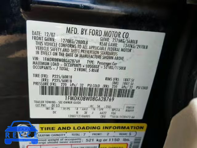 2008 FORD TAURUS X E 1FMDK08W08GA28769 Bild 9