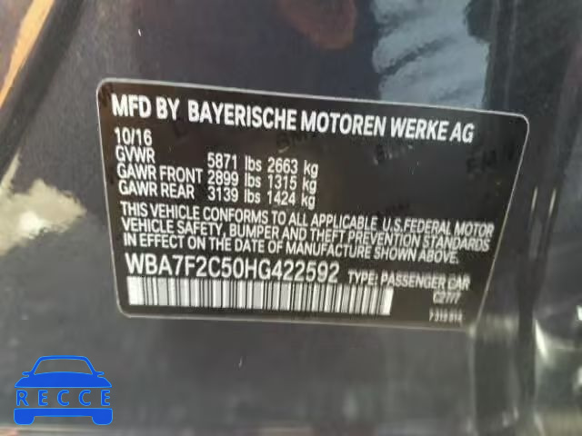 2017 BMW 750 XI WBA7F2C50HG422592 зображення 9