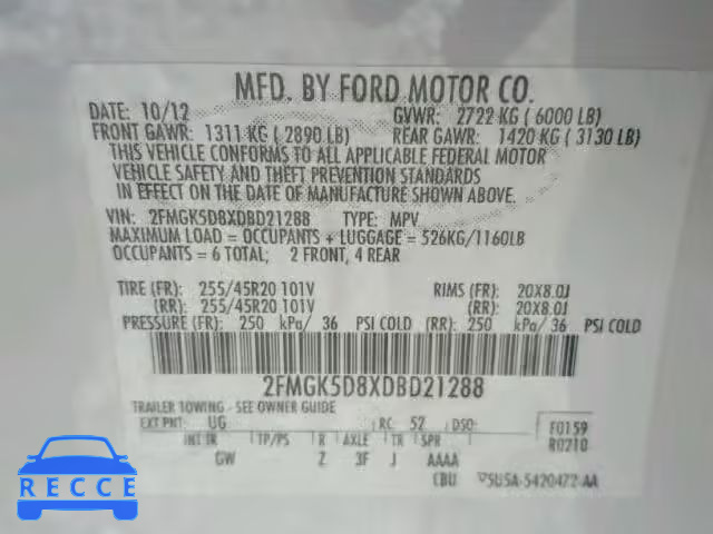 2013 FORD FLEX LIMIT 2FMGK5D8XDBD21288 зображення 9