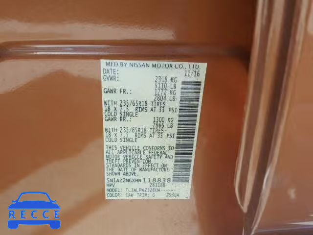 2017 NISSAN MURANO S 5N1AZ2MGXHN118838 зображення 9