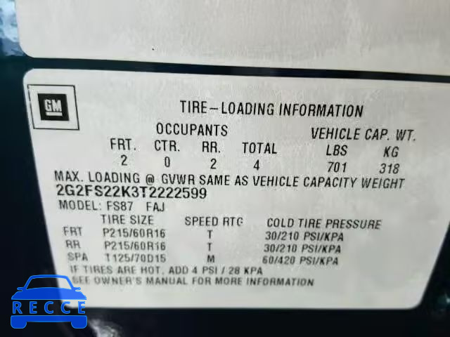 1996 PONTIAC FIREBIRD 2G2FS22K3T2222599 image 9