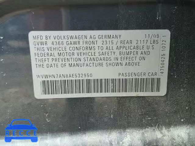 2010 VOLKSWAGEN CC LUXURY WVWHN7AN8AE532950 image 9