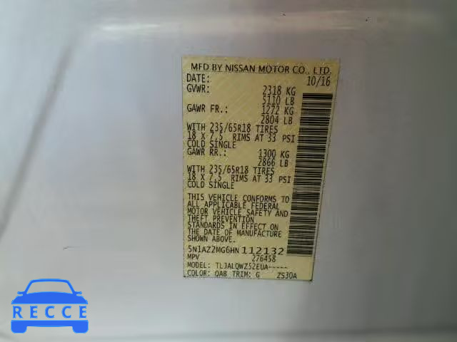 2017 NISSAN MURANO S 5N1AZ2MG6HN112132 Bild 9