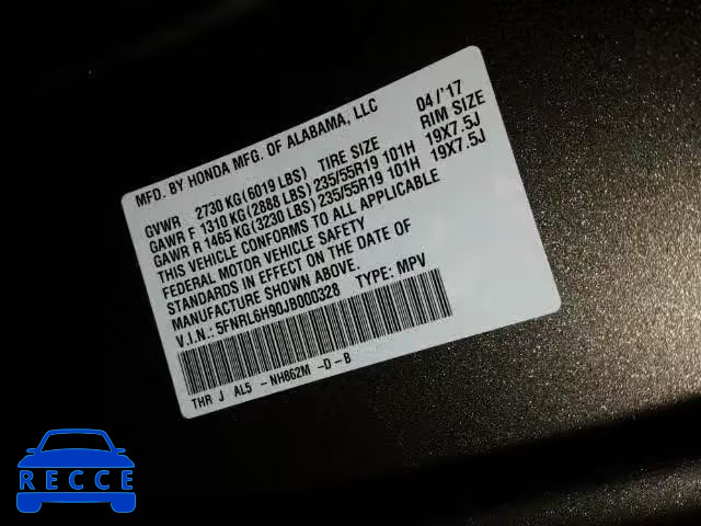 2018 HONDA ODYSSEY EL 5FNRL6H90JB000328 image 9