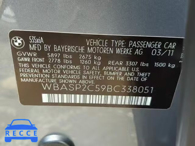 2011 BMW 535XI GT WBASP2C59BC338051 image 9