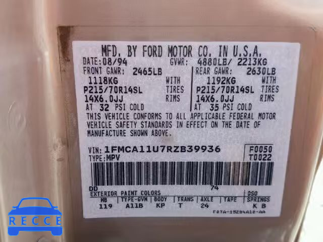 1994 FORD AEROSTAR 1FMCA11U7RZB39936 Bild 9