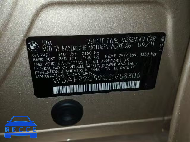 2012 BMW 550I WBAFR9C59CDV58306 зображення 9