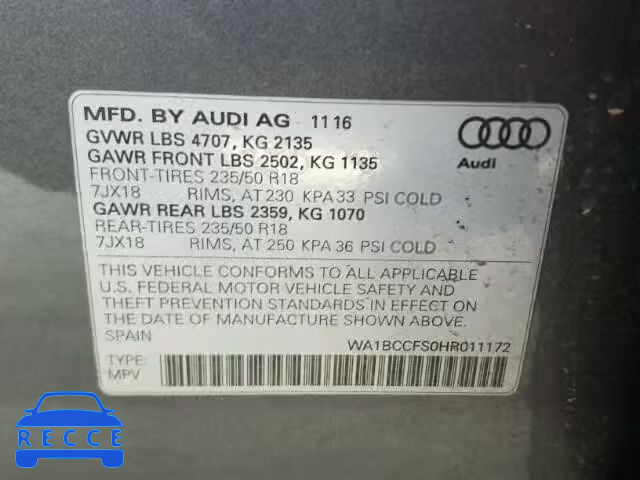 2017 AUDI Q3 WA1BCCFS0HR011172 image 9