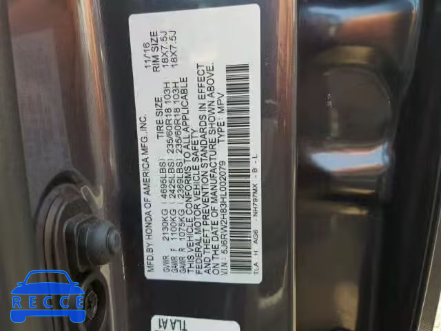 2017 HONDA CR-V EXL 5J6RW2H83HL002079 image 9