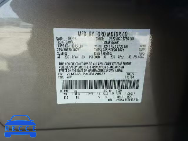 2016 LINCOLN MKX RESERV 2LMTJ8LP3GBL28927 зображення 9