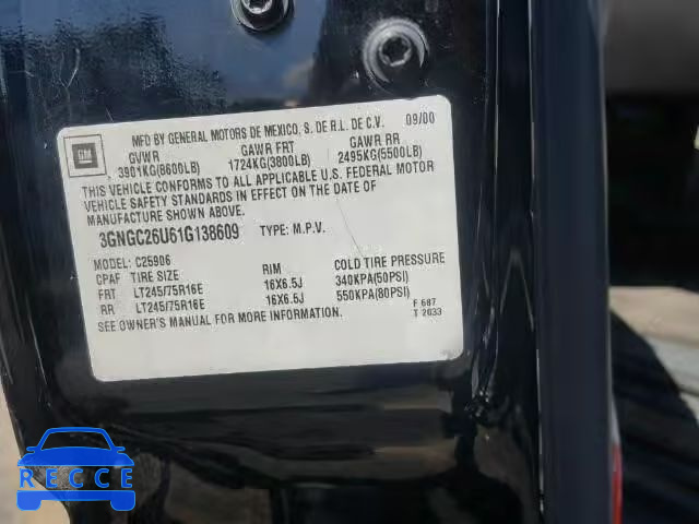 2001 CHEVROLET C2500 SUBU 3GNGC26U61G138609 зображення 9