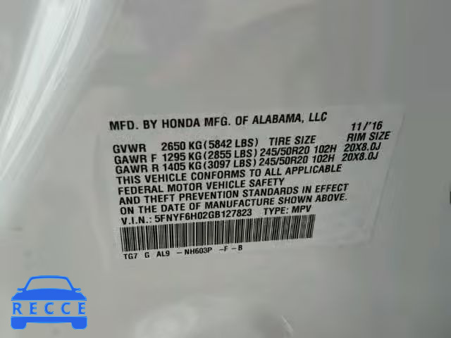 2016 HONDA PILOT ELIT 5FNYF6H02GB127823 image 9