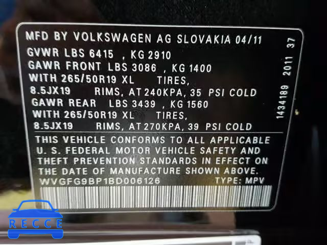 2011 VOLKSWAGEN TOUAREG HY WVGFG9BP1BD006126 image 9