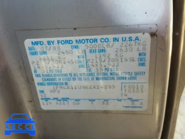 1989 FORD AEROSTAR 1FMCA11U9KZA14295 зображення 9