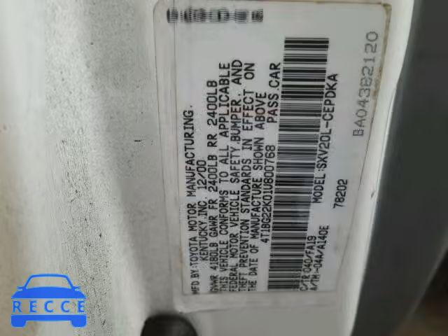 2001 TOYOTA CAMRY 4T1BG22K01U800768 image 9