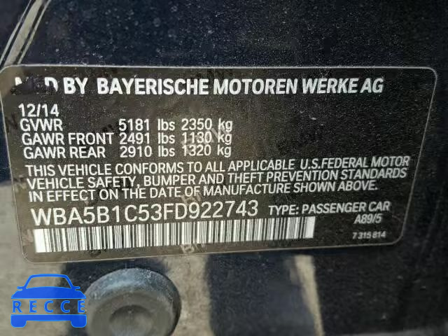 2015 BMW 535I WBA5B1C53FD922743 image 9