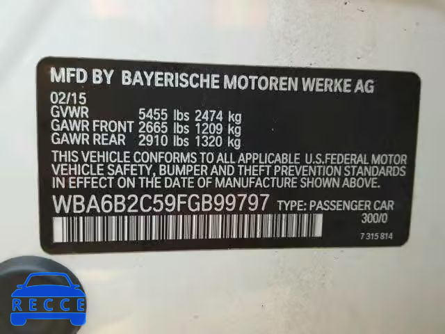 2015 BMW 650I GRAN WBA6B2C59FGB99797 зображення 9