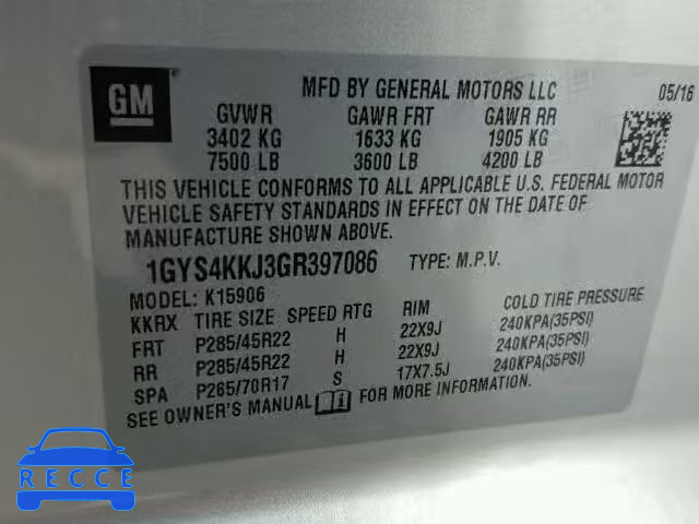 2016 CADILLAC ESCALADE E 1GYS4KKJ3GR397086 image 9