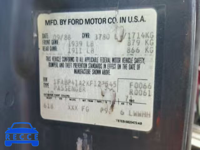 1989 FORD MUSTANG LX 1FABP41A2KF122545 image 9