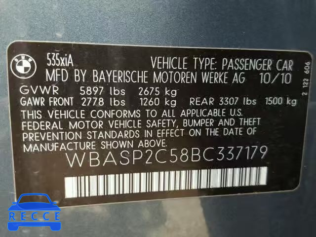 2011 BMW 535XI GT WBASP2C58BC337179 зображення 9