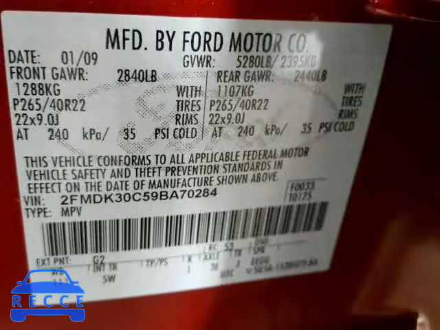 2009 FORD EDGE SPORT 2FMDK30C59BA70284 Bild 9