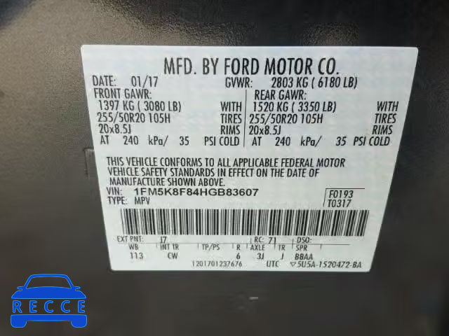 2017 FORD EXPLORER L 1FM5K8F84HGB83607 image 9