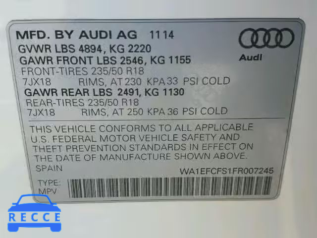 2015 AUDI Q3 2.0T PR WA1EFCFS1FR007245 image 9