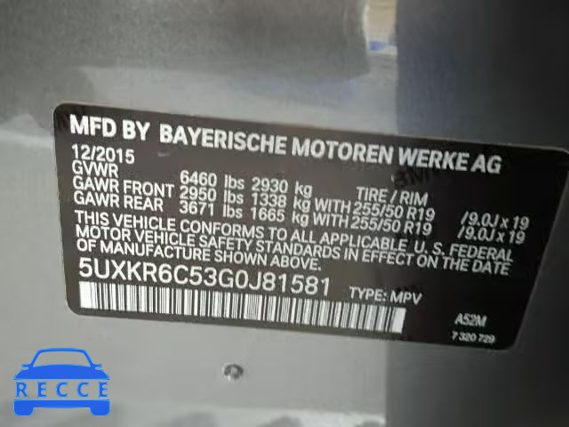 2016 BMW X5 XDRIVE5 5UXKR6C53G0J81581 зображення 9