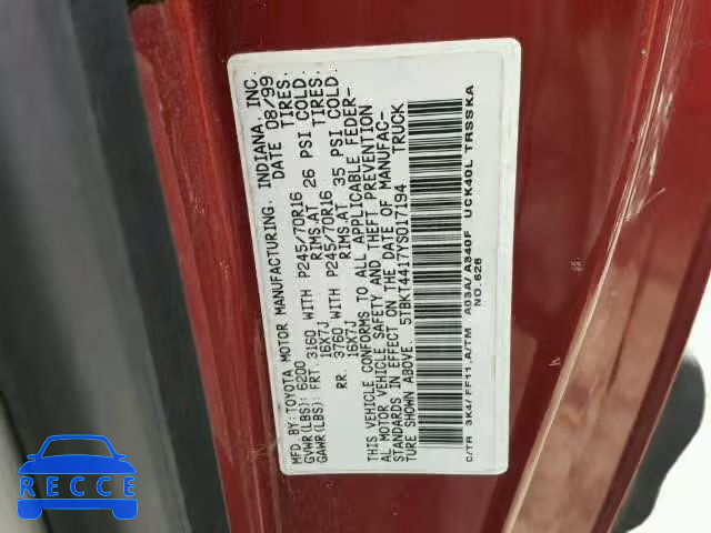 2000 TOYOTA TUNDRA SR5 5TBKT4417YS017194 Bild 9