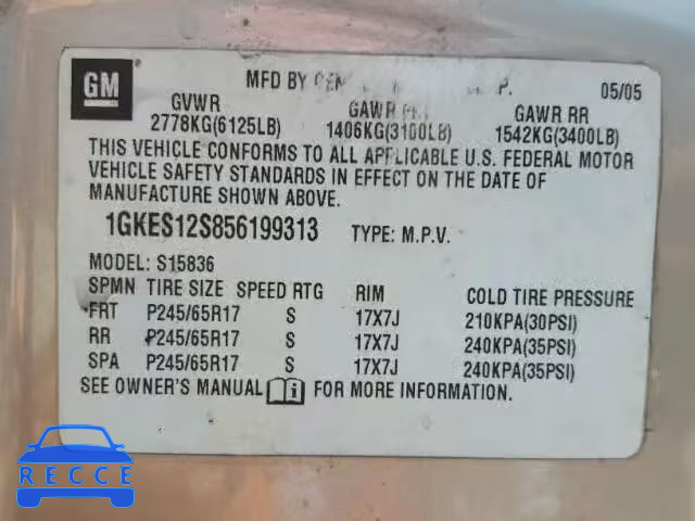 2005 GMC ENVOY XUV 1GKES12S856199313 image 9