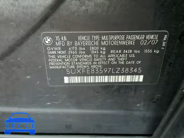 2007 BMW X5 4.8I 5UXFE83597LZ38345 зображення 9