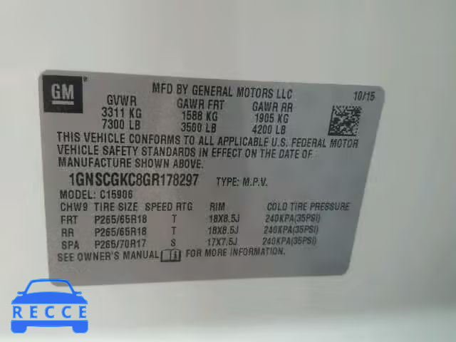 2016 CHEVROLET C1500 SUBU 1GNSCGKC8GR178297 image 9