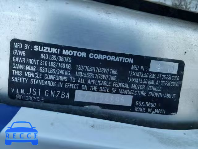 2002 SUZUKI GSX-R600 JS1GN7BA622104895 image 9