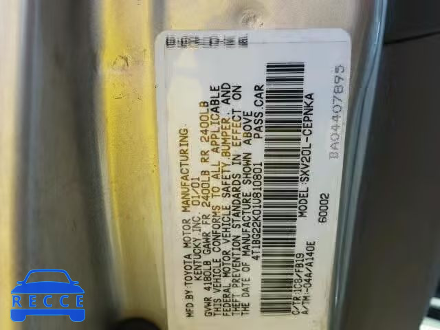 2001 TOYOTA CAMRY 4T1BG22K01U810801 image 9