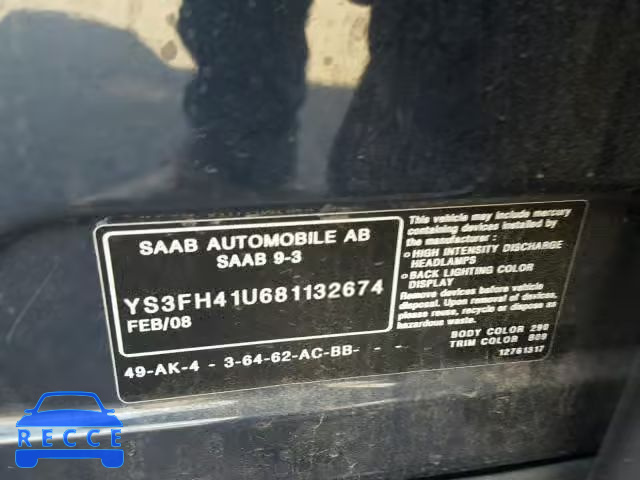 2008 SAAB 9-3 AERO YS3FH41U681132674 зображення 9