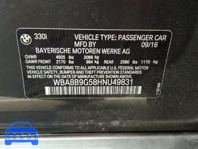2017 BMW 330 I WBA8B9G58HNU49831 зображення 9